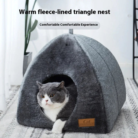 Triangle Cat Nest – Closed Cat House, Warm & Thickened Pet Bed for Cats and Small Dogs, Cozy Cat Tent