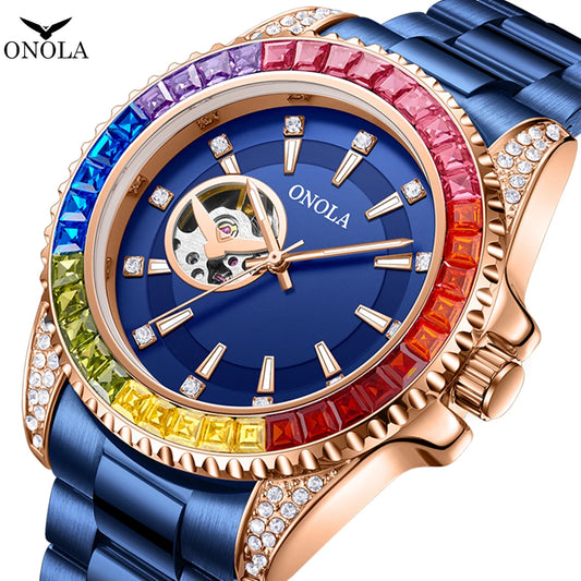 Fashion Colored Diamond Hollowed Out Watch for Men ONOLA Fully Automatic Mechanical Precision Strap for Men's Watch Clock