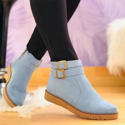 Ankle Boots Women Buckle Flat Suede Snow Boot Fashion Denim Winter 2024 New British Style Brown Warm Botas Mujer Plus Size 36 43