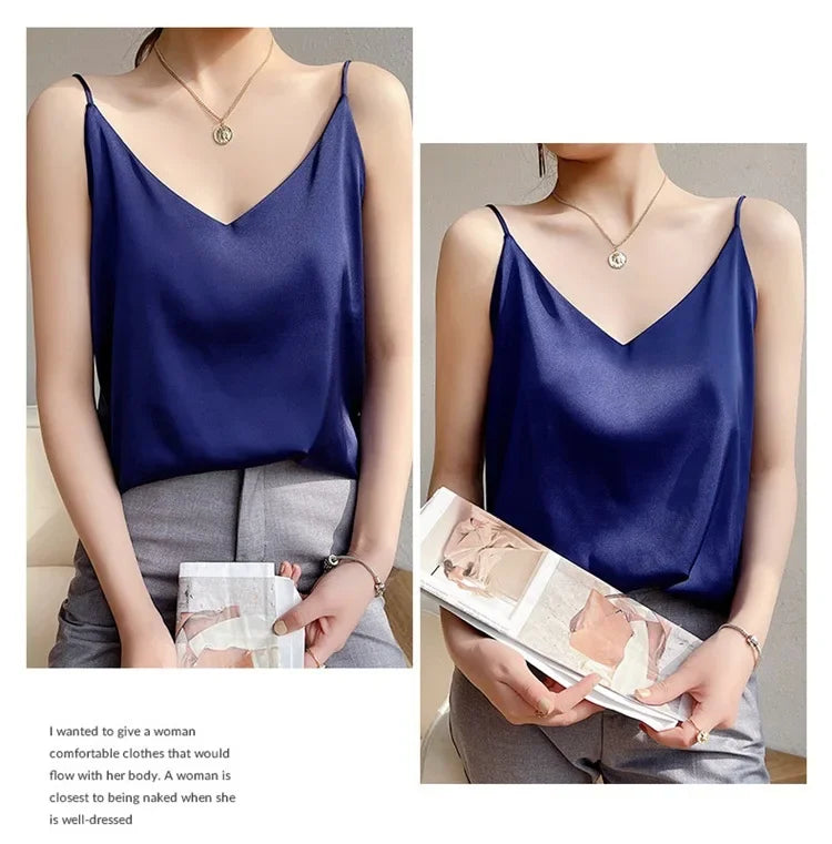 100 silk real silk 2023 summer women's clothing new slim v-neck short temperament inner top one-shoulder camisole