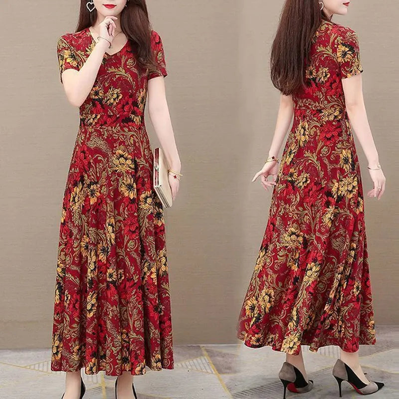 Office Lady Geometric Vintage Floral Printed Midi Dress 2023 Summer A-Line Stylish Spliced Women's Clothing Casual Loose Dresses