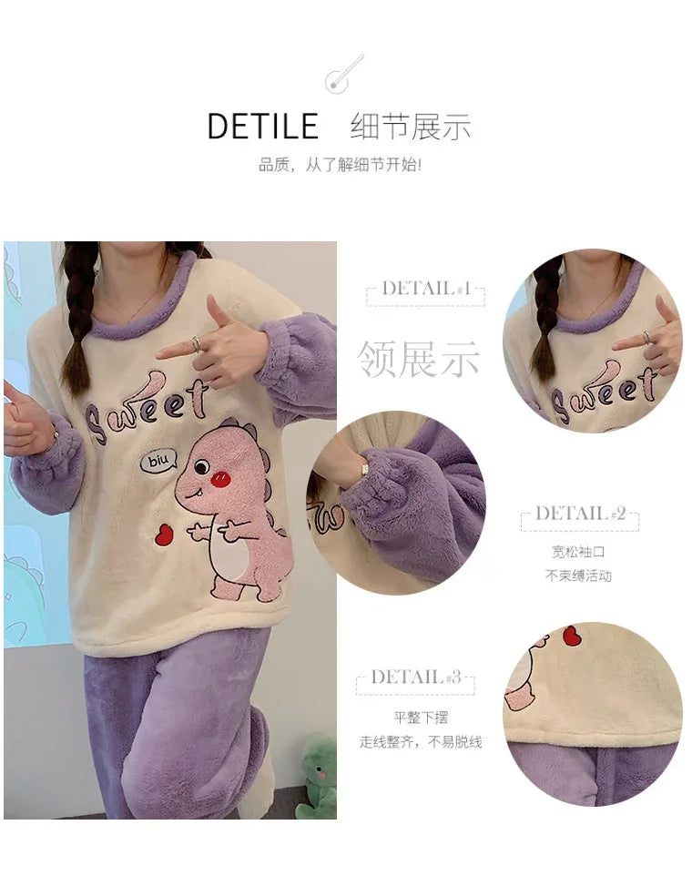 Winter Cute Duck Flannel Pajamas Set for Women Kawaiii Pattern Teddy Sleepwear for Girl Fashion Pullover Velvet Woman's Pijamas