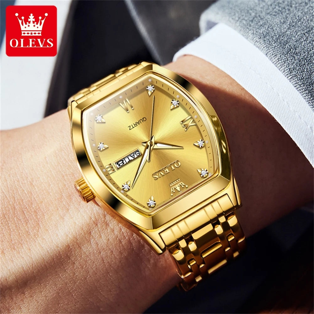 OLEVS 5528 Quartz Men's Watch Luxury Brand Diamond Business Stainless Steel Waterproof Tonneau dial Gold Watch Reloio Masculino