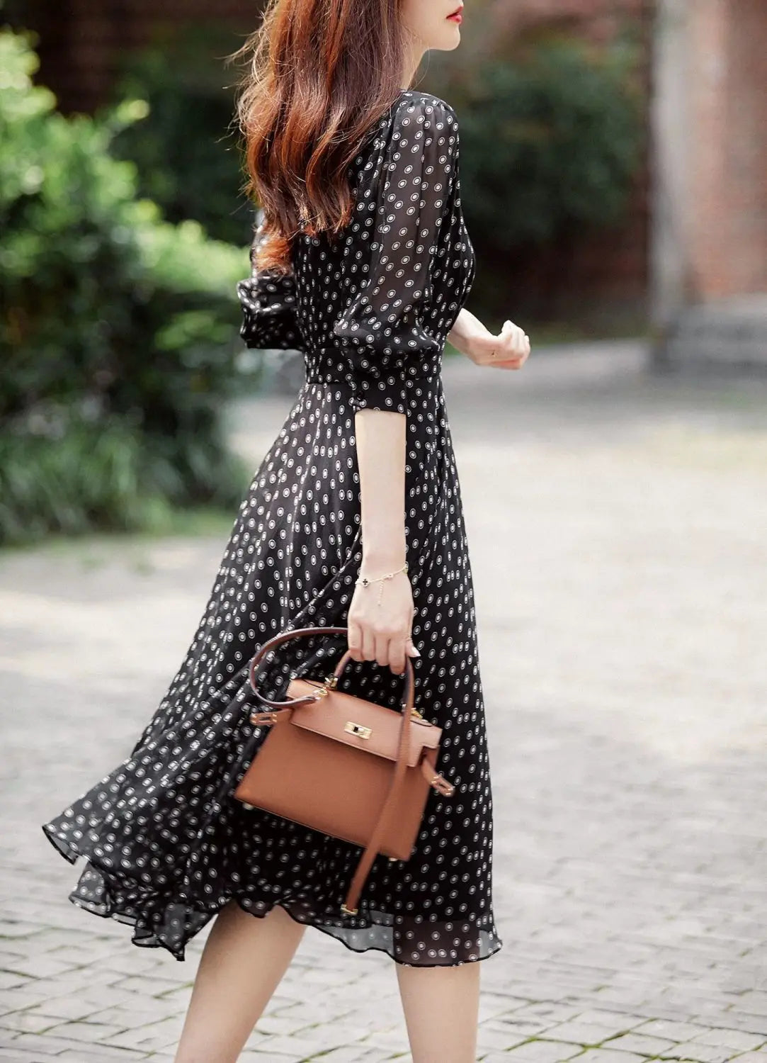 Polka Dot Print Chiffon Elegant Dresses for Women 2023 Summer New Vintage Fashion V-Neck Half Sleeve Casual Ladies Midi Dress