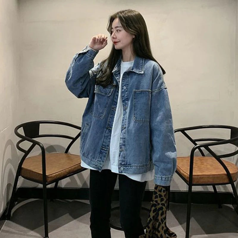 Women's Loose Denim Coat Korean Style Single-Breasted Long Sleeve Jacket Woman 2024 Spring Autumn Vintage Casual Jean Tops Mujer