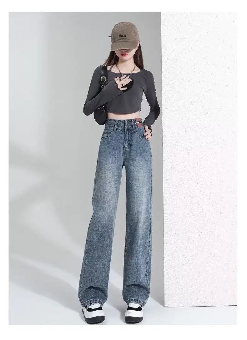 Vintage High-waisted Slimming Jeans Women's Straight-leg Pants Hong Kong Style Bell Bottoms Trendy Gradient Pants For Women