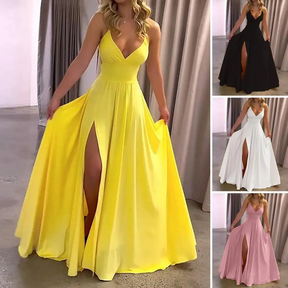 Women's Prom Dress Off Shoulder Low Cut V Neck Backless Sleeveless Solid Color Bodycon Evening Gown Party Maxi Dress