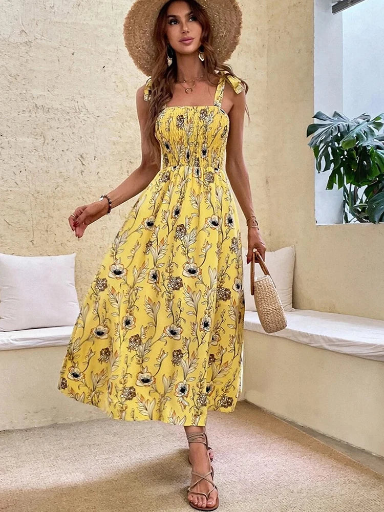 Floral Long Dress Women Fashion Backless Sleeveless Bandage Beach Sundress Casual Green Summer Ladies New In Dresses 2023