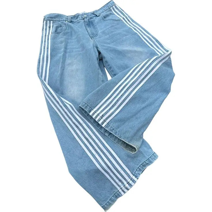 Y2k High Waisted Distressed Stripe Baggy Blue Jeans Korean Fashion Casual Style Straight Pants Classic Simple Trousers