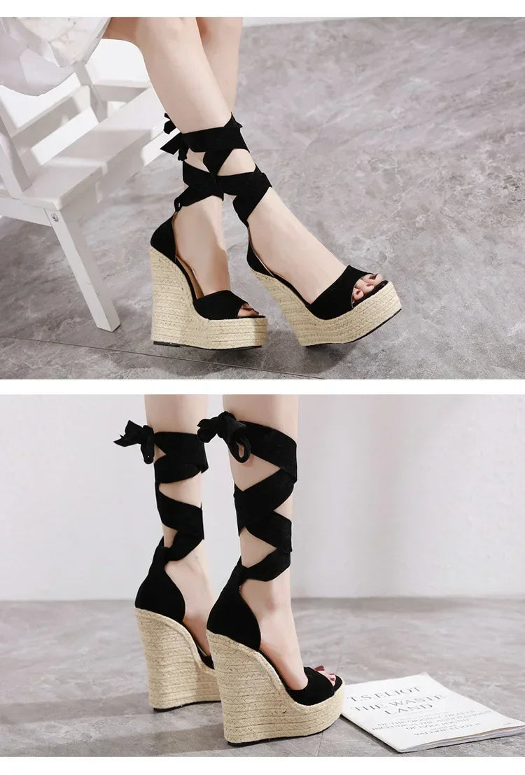 Ladies Sandals Women Shoes Cloth Solid Color Slope Heel Round Shape Thick Bottom Increase  Roman  Platform