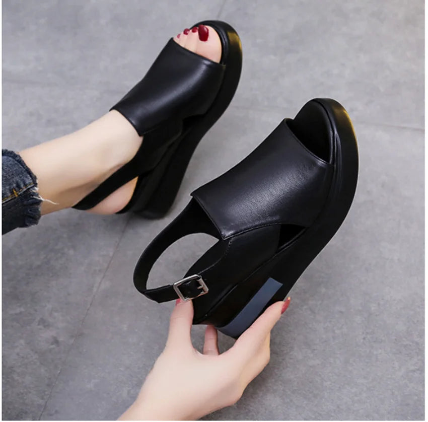 Thick-soled Wedge Sandals Women 2022 New Summer High-heeled Fish Mouth Women's Shoes Soft Leather High Platform Shoes Slippers