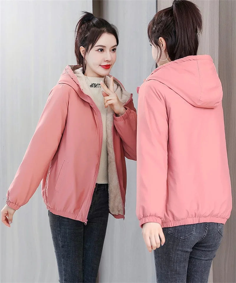 Add Velvet Padded Coat Women 2024 Winter Hooded Outerwear Ladies Warm Cotton-Padded Jacket New Fashion Overcoat Short Female Top