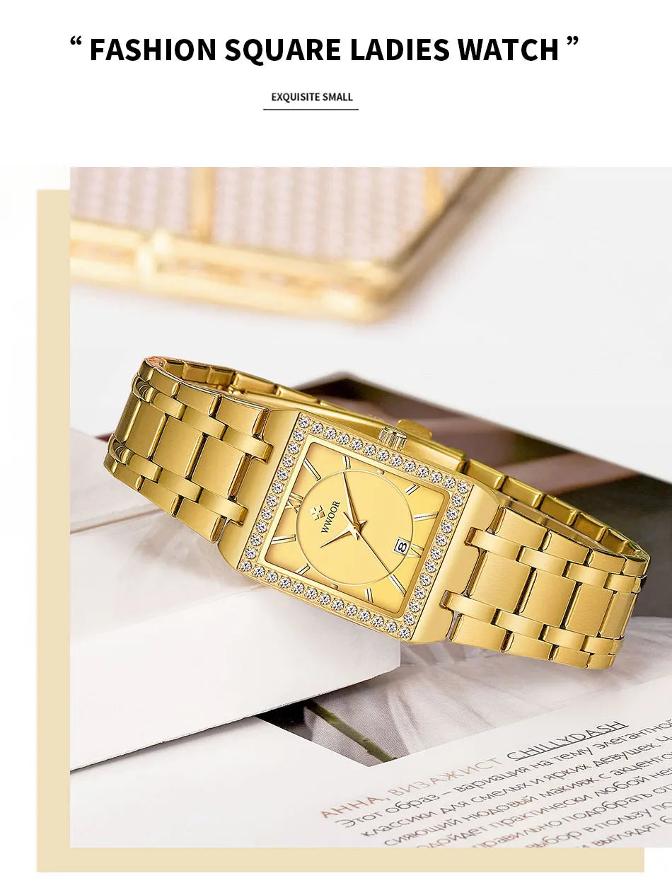 WWOOR Reloj New Fashion Ladies Diamond Watch Top Brand Luxury Square Wrist Watch Simple Women Dress Small Watch Relogio Feminino