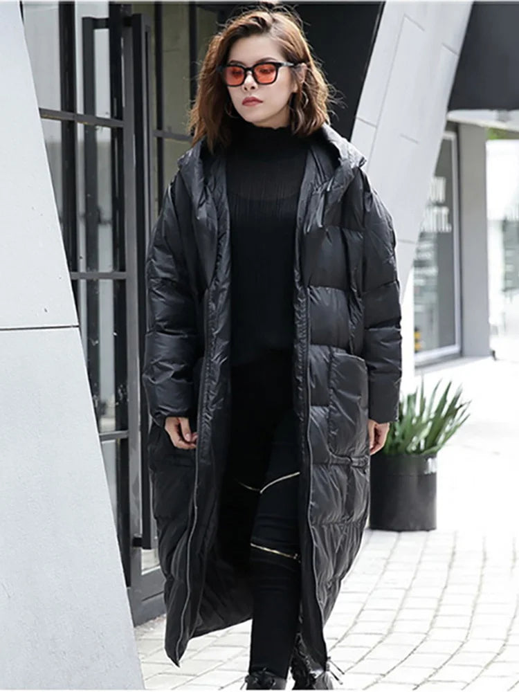 [EAM] Big Size Long Hooded Cotton-padded Coat Long Sleeve Loose Fit Women Parkas Fashion Tide New Autumn Winter 2024 JD1210