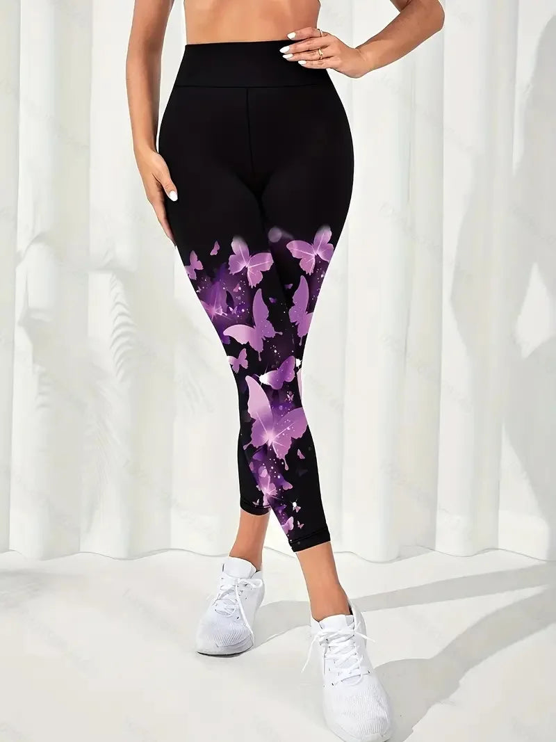 Butterfly print stretch slim leggings, casual stretch tight leggings