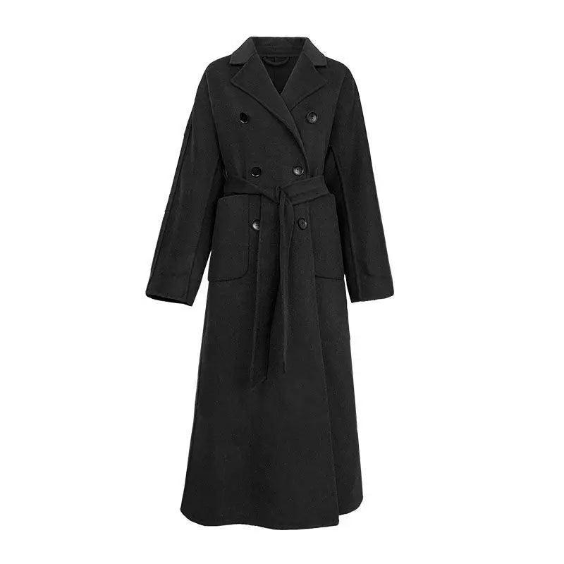 Winter Trench Coat For Women Elegant Fashion Korean Casual Wool Coat Navy Blue Lace-up Long Jacket  Black Woman Coat With Blet