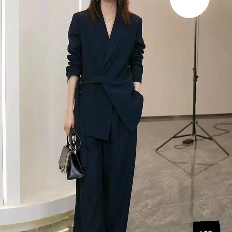 Women's Spring Autumn New Casual Suit Jacket Matching Set Korean Elegant Loose Blazers Wide Leg Pants Two Piece Female Clothing