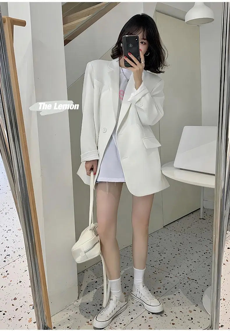 Spring Summerthin Loose Office Lady Fashionable Solid Color Blazers Button Pockets Notched Women's Clothing Long Sleeve Sweet