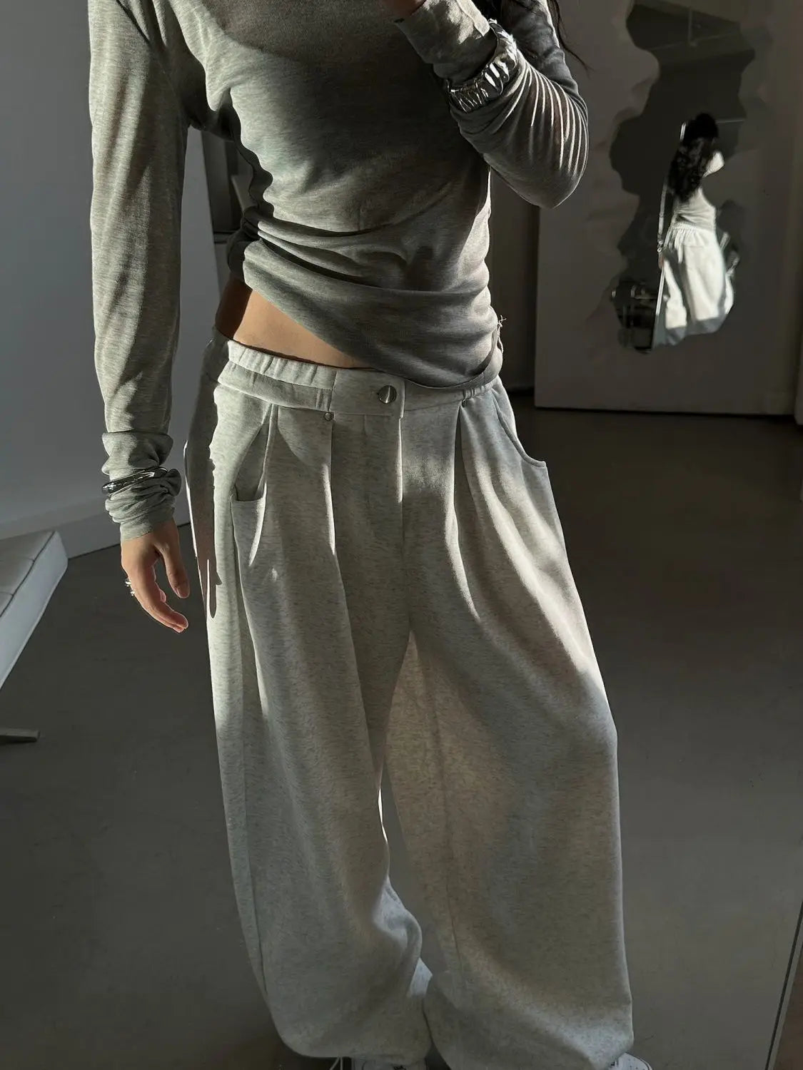 QWEEK Oversized Women Grey Sweatpants Y2k America Style Retro Baggy Pants Casual Sports Streetwear Hip Hop Trousers Joggers