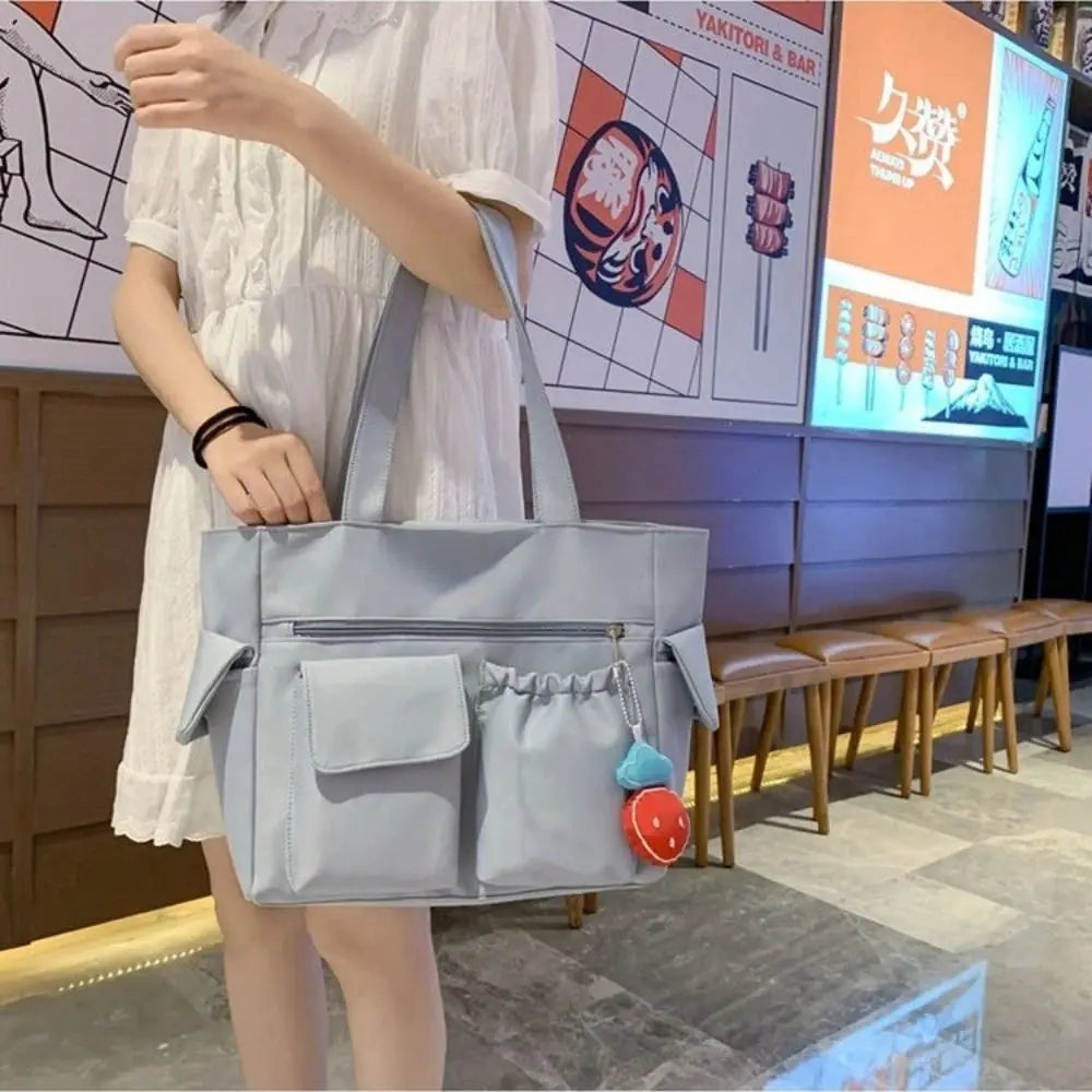 Canvas Women Messenger Bag Fashion Solid Color Large Capacity Shoulder Bag Multi-pockets Travel Handbag Student Book Bag