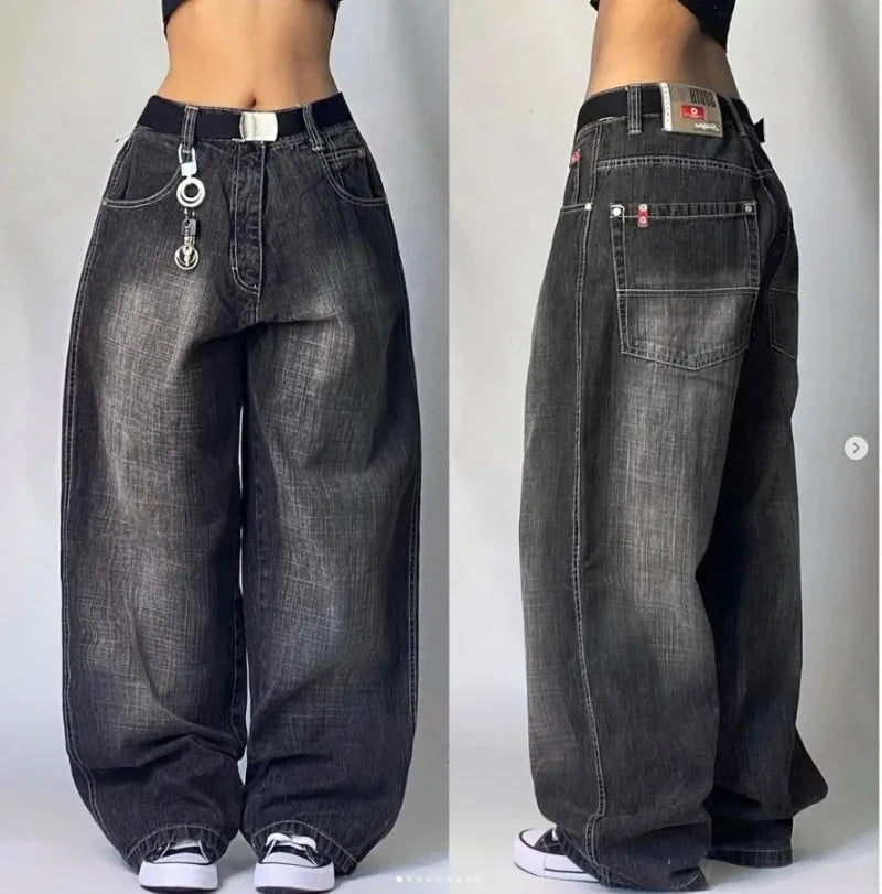 2024 New American Harajuku Retro Straight High Waist Y2K Street Style Women Washed Blue Pockets Baggy Jeans Gothic Wide Pants