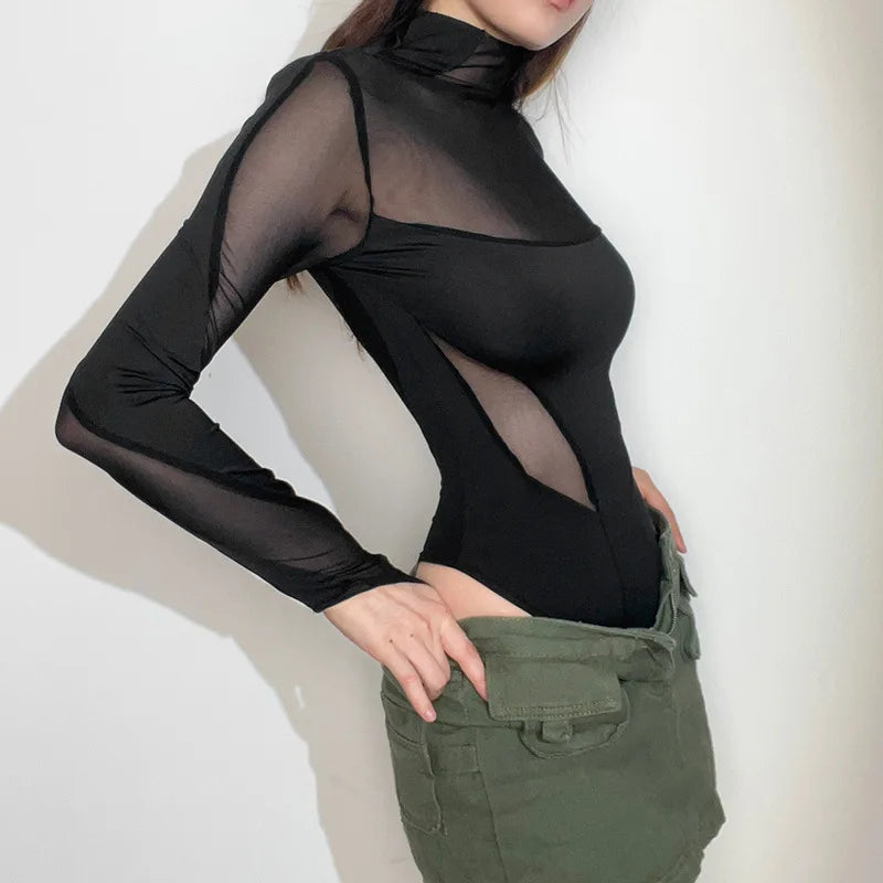 Sexy Wild Women Bodysuit Long Sleeve See Through Skinny Mesh Patchwork Vacation Party Club Streetwear Bodycon Tops