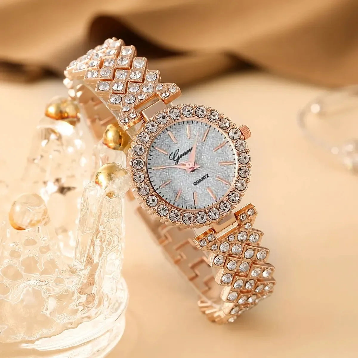 6pcs Ladies Fashion Casual Star Number Full Diamond British Watch White Crystal Love Earrings Necklace Ring Bracelet Gift Set