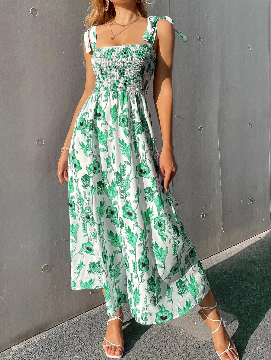 Floral Long Dress Women Fashion Backless Sleeveless Bandage Beach Sundress Casual Green Summer Ladies New In Dresses 2023