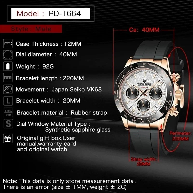 Original New PAGANI DESIGN PD-1664 Luxury Japan VK63 Movt Quartz Wristwatches Sapphire Waterproof Chronograph Gold Reloj Hombre