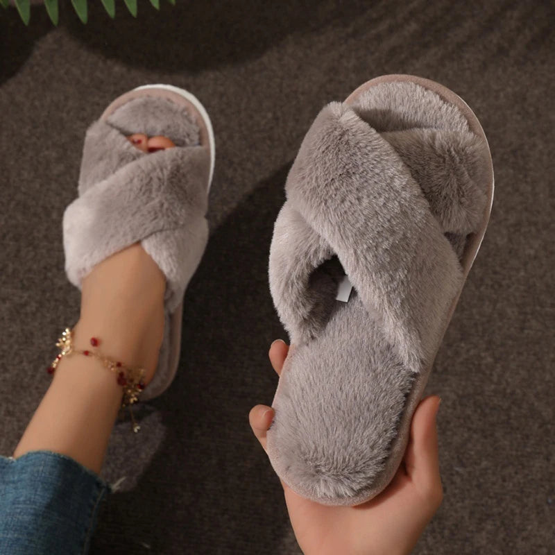 CrissCross Band Plush House Slippers for Women Open Toe Soft Sole Fuzzy Home Shoes Woman Winter Cozy Warm Indoor Floor Slippers