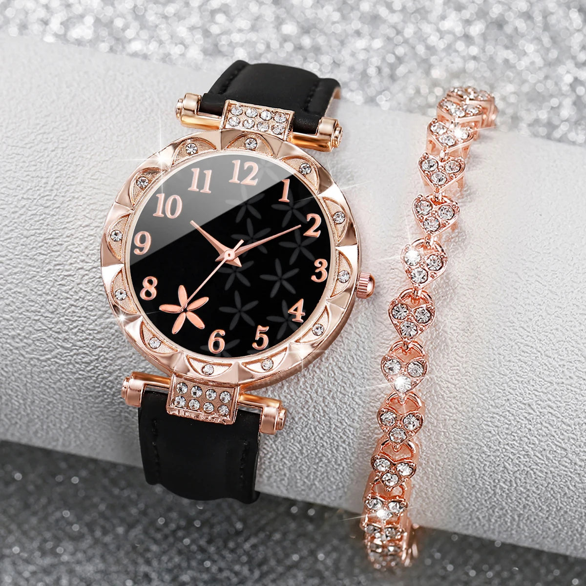 2PCS/Set Women's Watches Fashion Flower Rhinestone Leather Band Analog Quartz Watch Rhinestone Bracelet Set