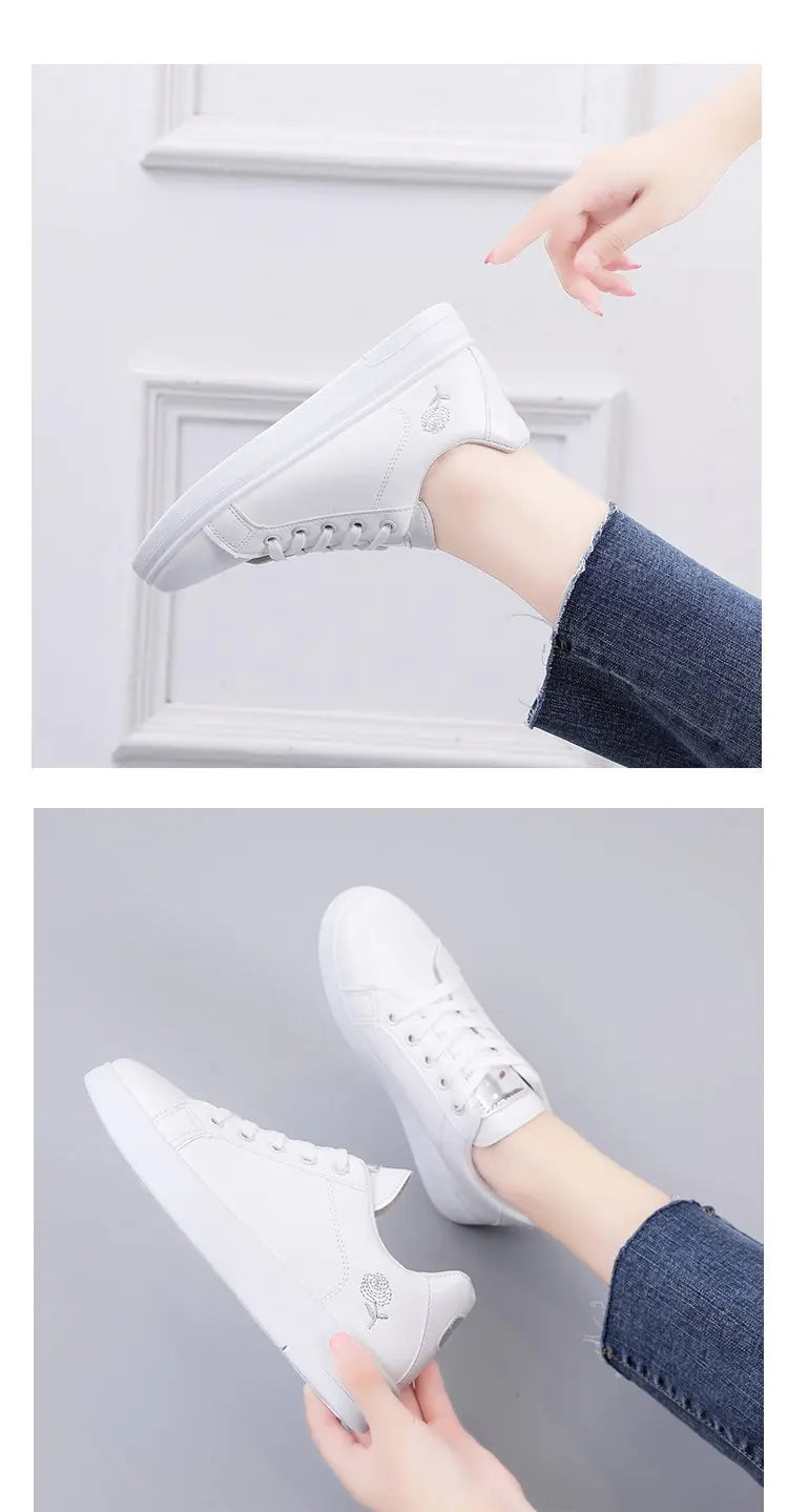 Women Casual Shoes Spring Autumn Sneakers Fashion White Breathable Embroidered Flower Lace-Up Tennis shoes