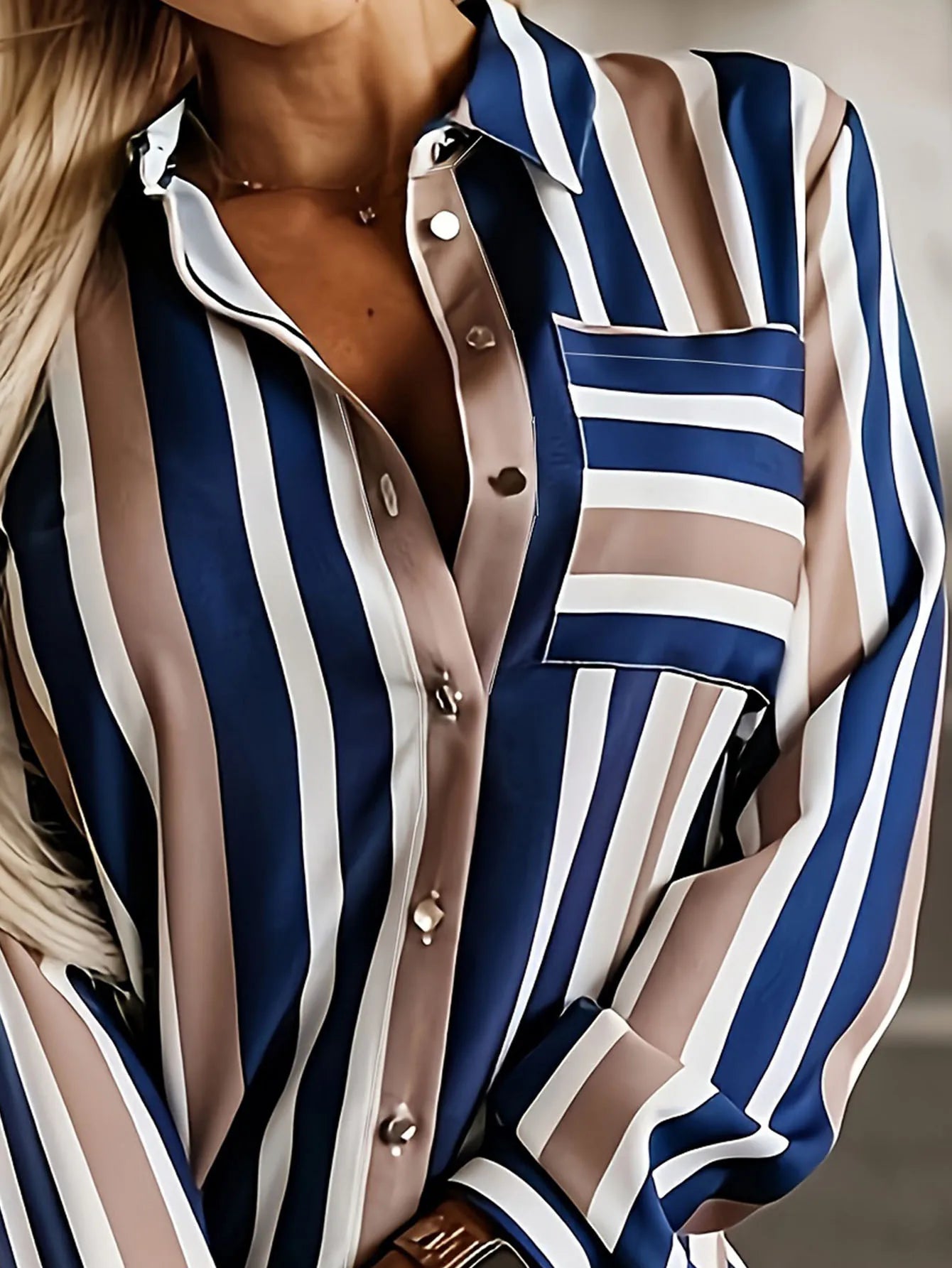 Plus Size Casual Blouse, Women's Plus Stripe Print Long Sleeve Button Up Lapel Collar Shirt Top