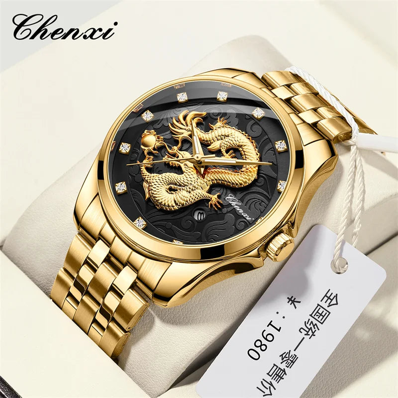 Chenxi 8220 Dragon Totem Embossed Calendar Waterproof Men's Chinese Style Wrist Watch Steel Band Business