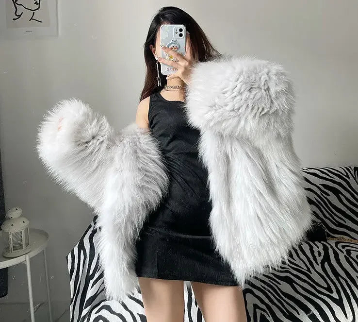 Faux Fur Jackets for Women Autumn Winter Short Bat Full Sleeve Hooded Coats Slim Spliced Thick Coat Loose Open Stitch Jacket