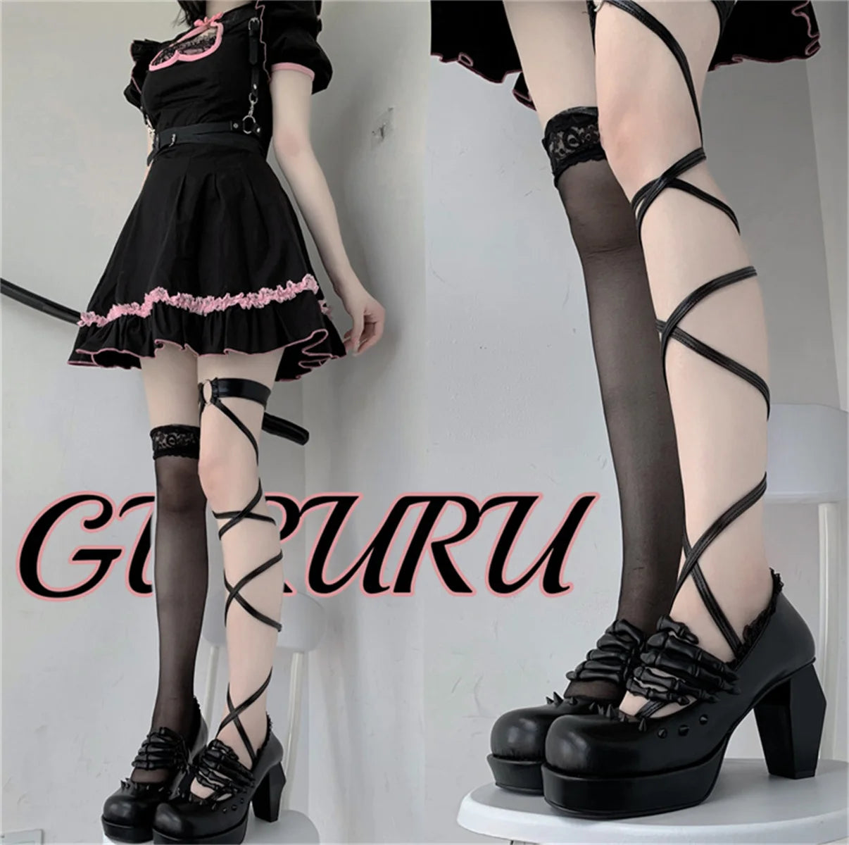 Antique Dark Punk Style Goth Girls Shoes Lolita Cosplay Round Head Thick Bottom Cross Rivet Lace Skull 8cm High Heel Shoes