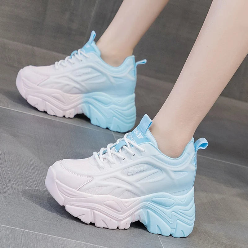 Women's Mix Color Chunky Sneakers 2023 Spring Breathable Mesh Platform Sports Shoes Woman Lace Up Thick Sole Casual Shoes Mujer