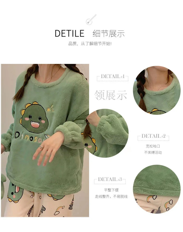 Winter Cute Duck Flannel Pajamas Set for Women Kawaiii Pattern Teddy Sleepwear for Girl Fashion Pullover Velvet Woman's Pijamas