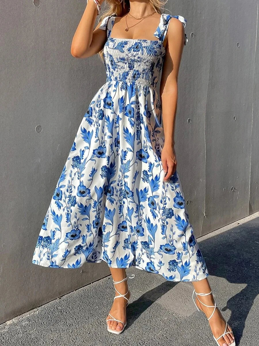 Floral Long Dress Women Fashion Backless Sleeveless Bandage Beach Sundress Casual Green Summer Ladies New In Dresses 2023