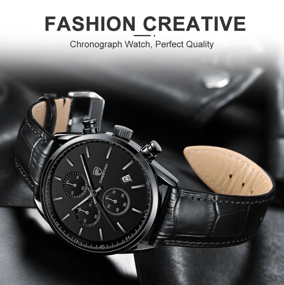 New Fashion Men Watch CHEETAH Waterproof Quartz Chronograph Sport Wristwatch Leather Business Casual Male Clock Auto Date