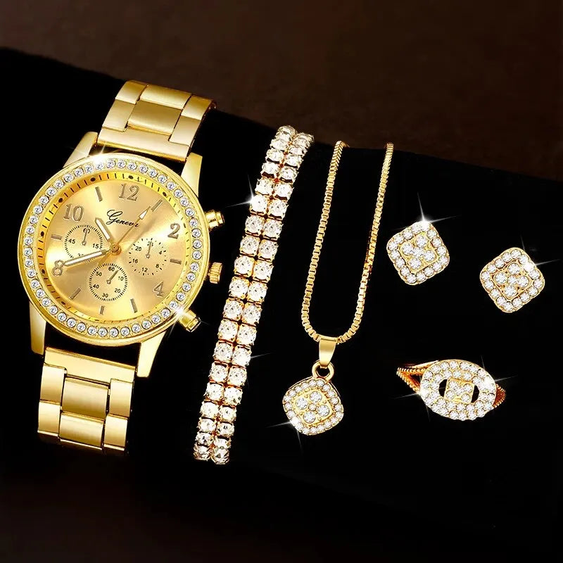 6PCS Set Golden Luxury Watch Women Ring Necklace Earring Rhinestone Fashion Wristwatch Casual Ladies Bracelet Watches