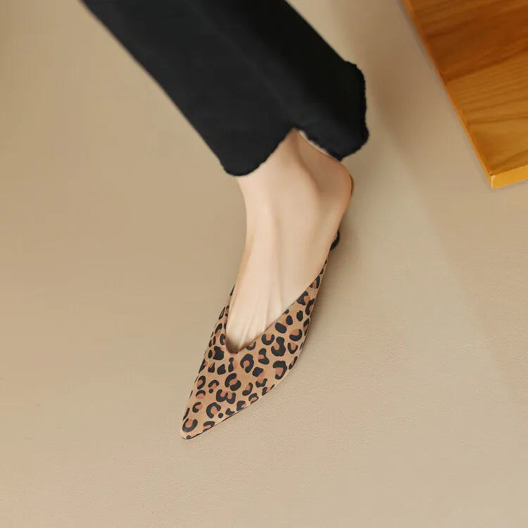 2023 New Pointy Thin Heel Baotou Mid-heel Half Slipper Female Leopard Print All-match Sandals