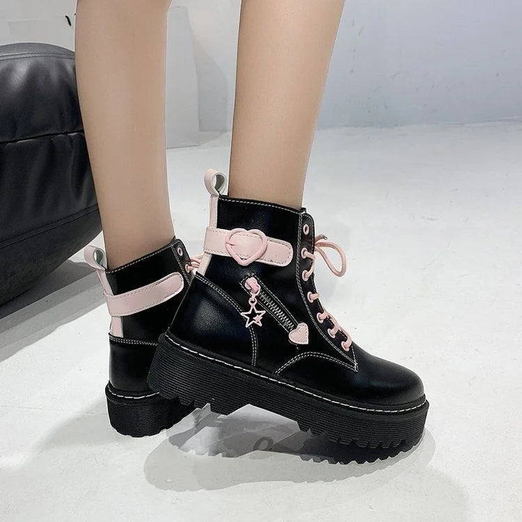 New College Style Martin Boots Women Autumn 2021 Girl Love Round Toe Lace-up Short Boots Y2k Aesthetic Goth Punk Platform Shoes