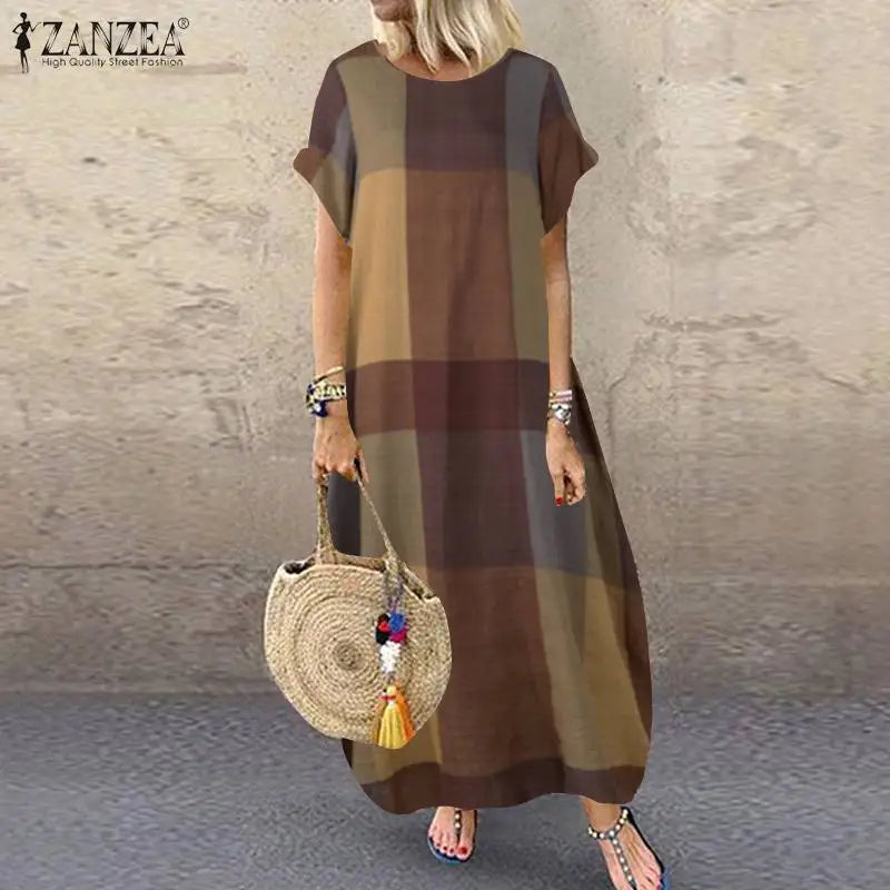 ZANZEA Bohemian Plaid Checked Sundress Summer Short Sleeve Long Dress Fashion Holiday Party Vestido Femme Casual Loose Robe 2023