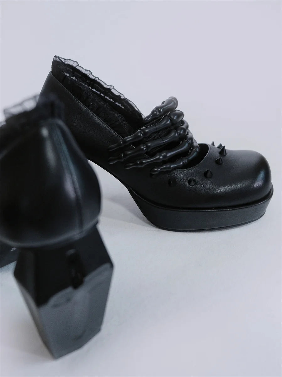 Antique Dark Punk Style Goth Girls Shoes Lolita Cosplay Round Head Thick Bottom Cross Rivet Lace Skull 8cm High Heel Shoes