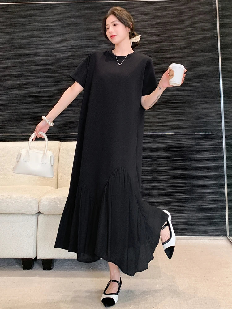 NYFS 2024 Summer New Korea Irregular Woman Dress Vestidos Robe Elbise Loose Plus Size Patchwork Short Sleeve Long Dress