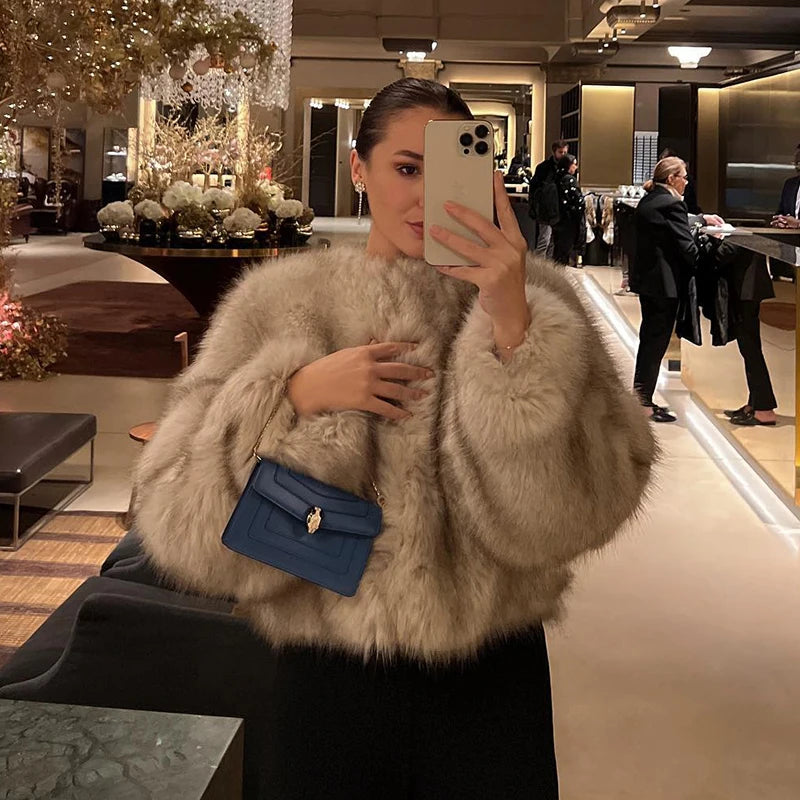 Chic Street Blogger Fashion Girls 2024 Winter Trendy Faux Raccoon Fox Fur Coat Jacket Women Thick Warm Cropped Fluffy Overcoats