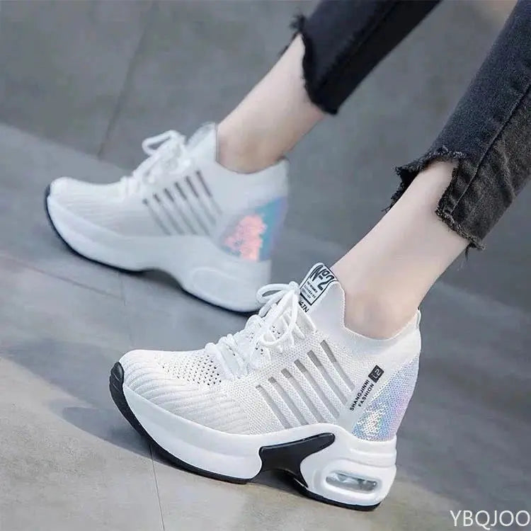 Women's Sneakers Spring Sequined Casual Shoes Women Platform Heels Wedges Height Increasing 2022 Knitted Ladies Vulcanized Shoes