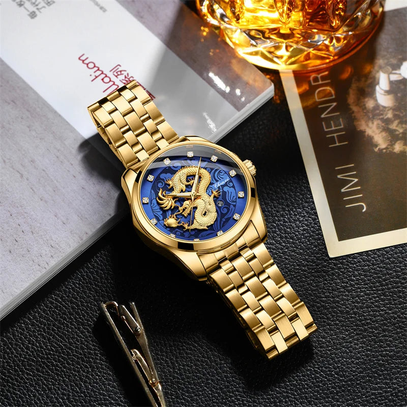 Chenxi 8220 Dragon Totem Embossed Calendar Waterproof Men's Chinese Style Wrist Watch Steel Band Business