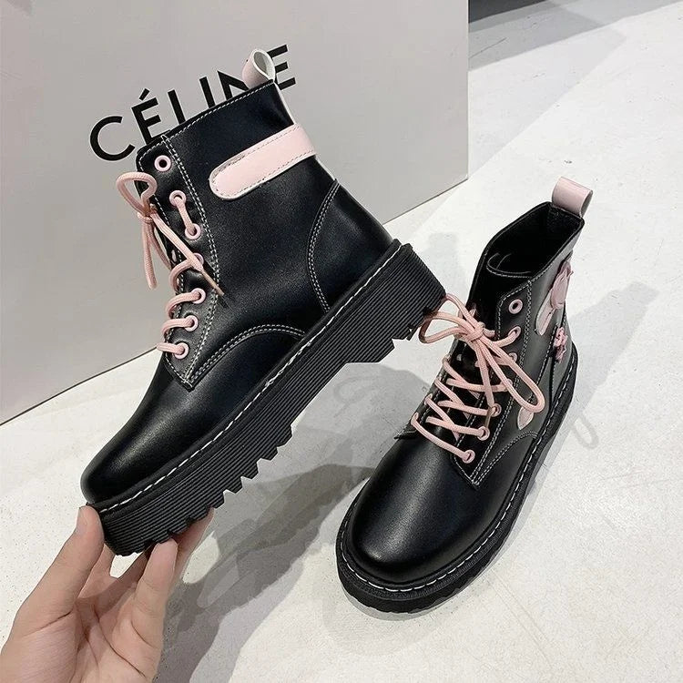 New College Style Martin Boots Women Autumn 2021 Girl Love Round Toe Lace-up Short Boots Y2k Aesthetic Goth Punk Platform Shoes